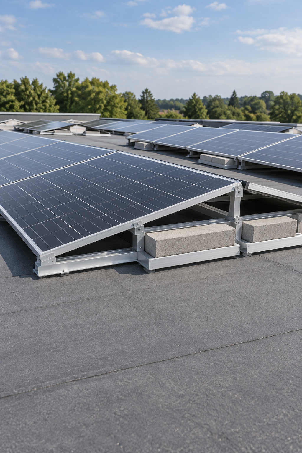 Ilustrație a unui sistem fotovoltaic de montaj cu balast pe un acoperiș plat