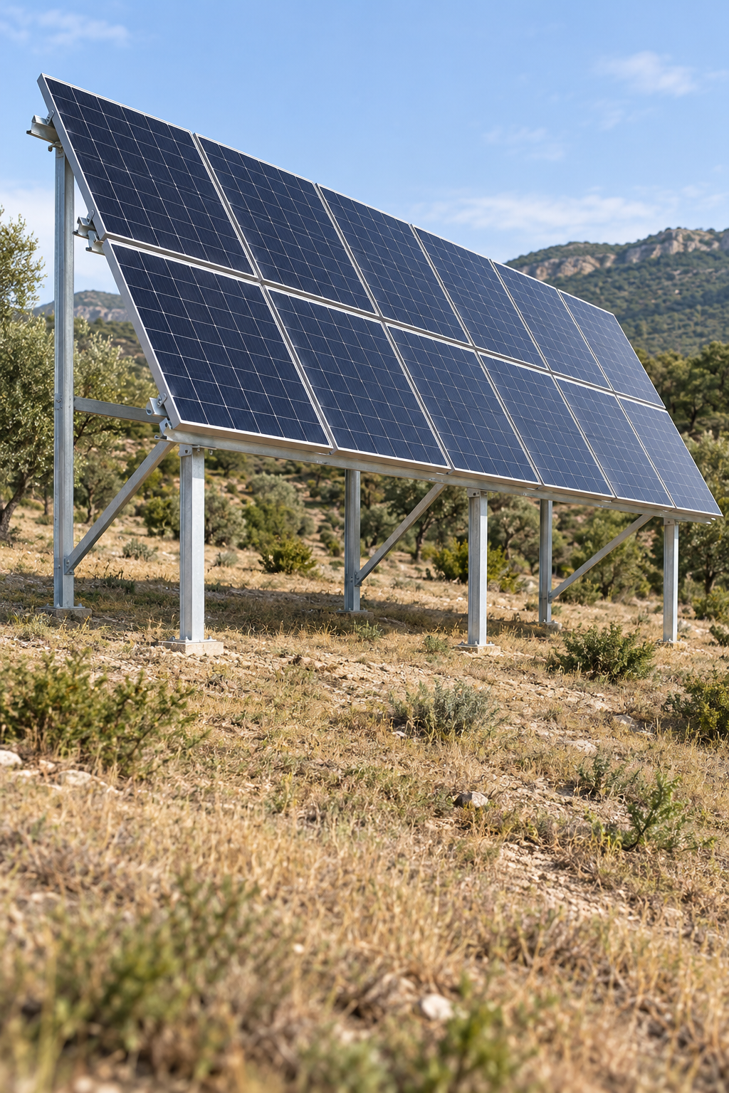Ilustrație a unei structuri metalice pentru panouri solare instalată la sol