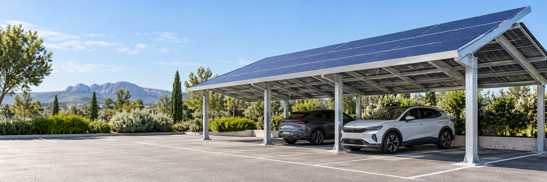 Ilustrație a unui carport fotovoltaic amplasat deasupra unei zone de parcare